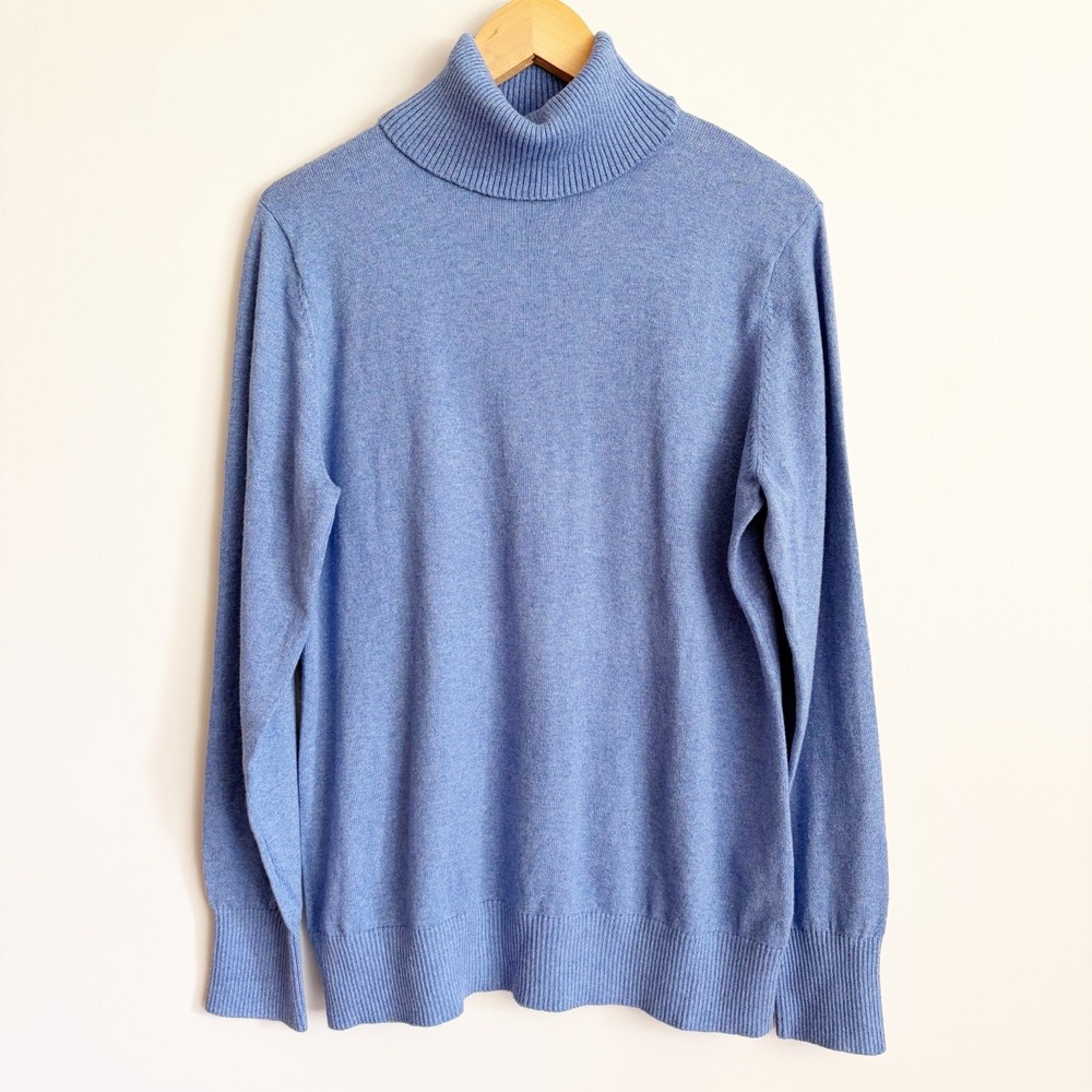 LL Bean Womens Turtleneck Sweater Cotton Cashmere Size Large Blue Long Sleeve